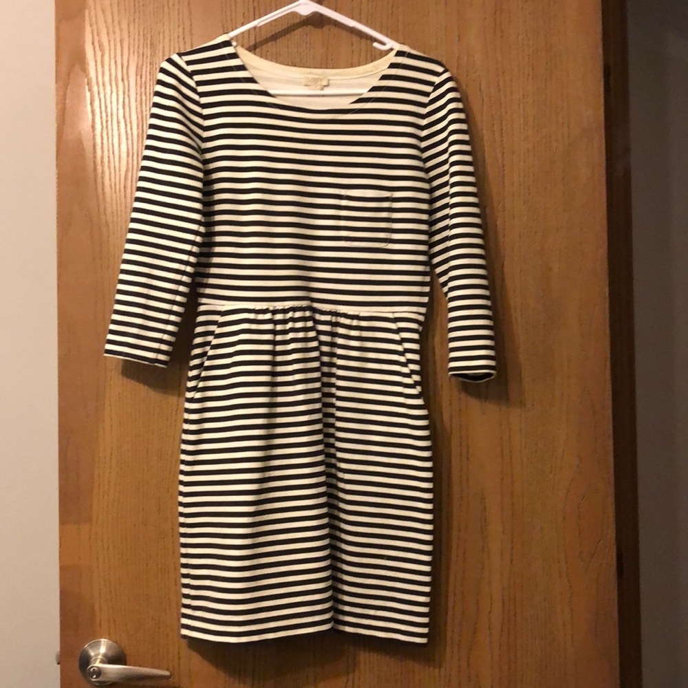 J crew black and ivory striped 3/4 sleeve dress